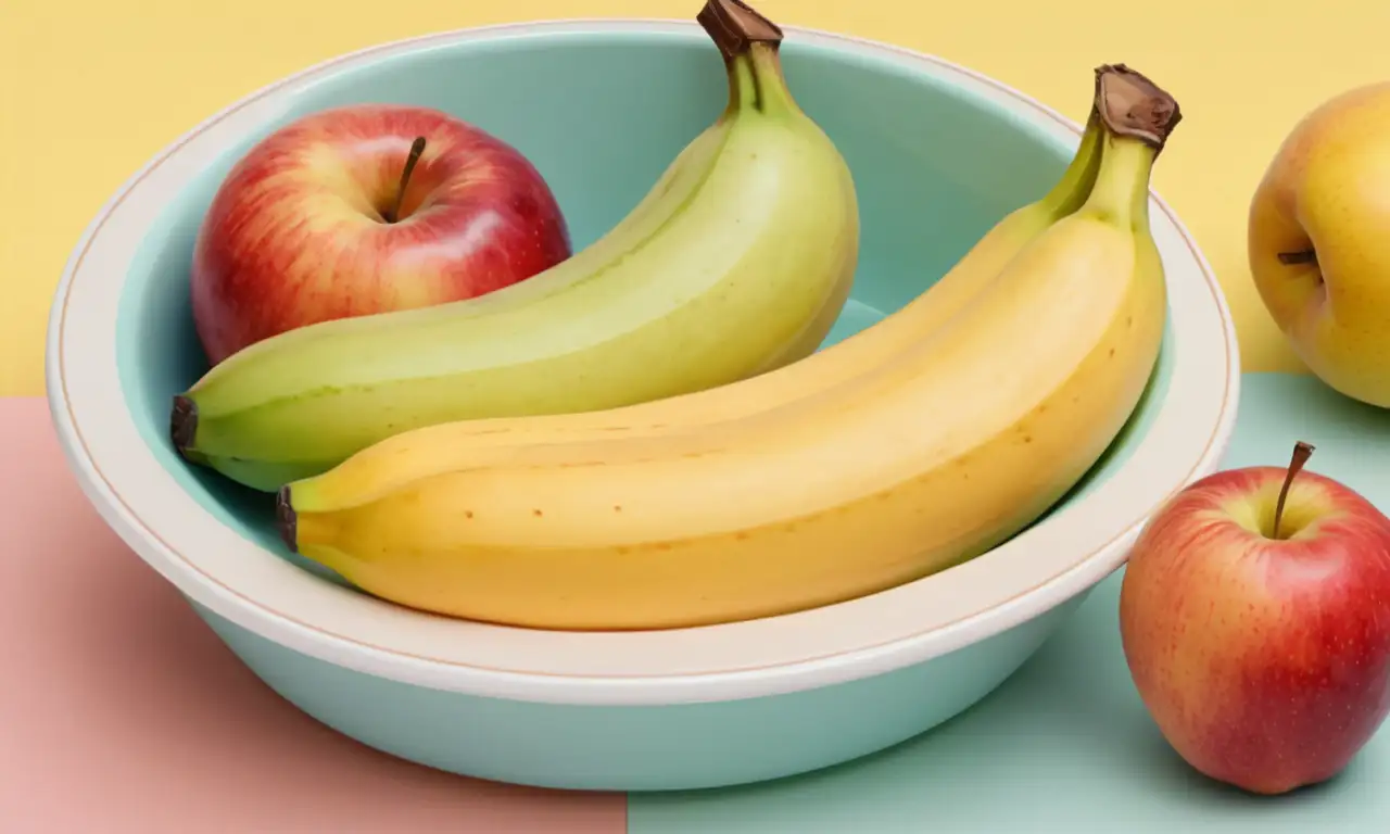 Colores pasteles suaves y vibrantes con frutas apiladas artísticamente en una composición armoniosa y atractiva
