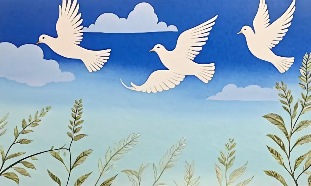 Palomas blancas en vuelo con un fondo sereno y elementos que evocan paz y armonía