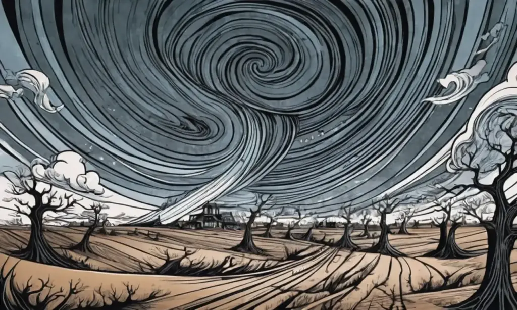 El tornado se representa con líneas en espiral y contrastes oscuros que evocan caos y destrucción