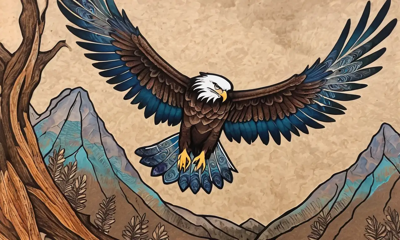 Águila majestuosa en vuelo con detalladas plumas y simbolismo espiritual