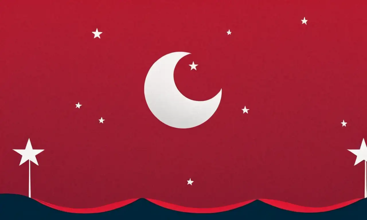 Fondo rojo, luna blanca con brillo, estrella radiante, y texturas suaves que simbolizan unidad y herencia