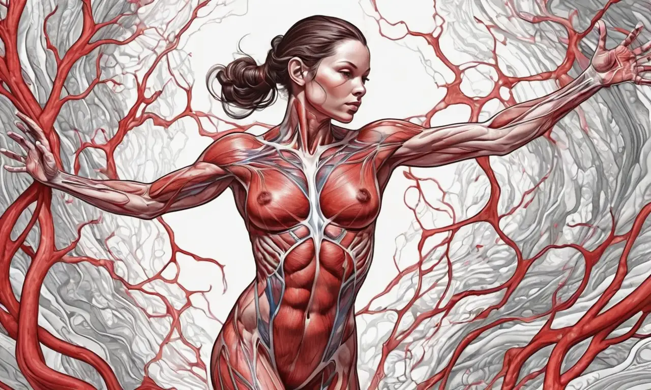 Figura realista con detallados tonos de piel, sombras, y colores vibrantes que representan el flujo de sangre
