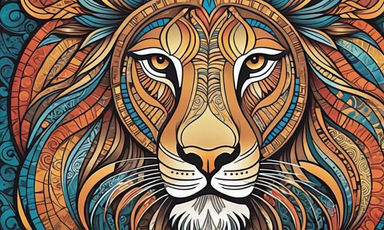 Un majestuoso león se destaca en una composición armónica de colores vibrantes y matices sutiles