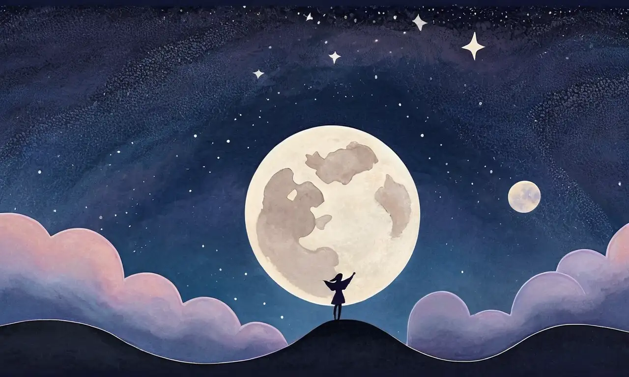 Dibujo detallado de la luna con sombreado suave, características faciales intrincadas y un fondo celestial