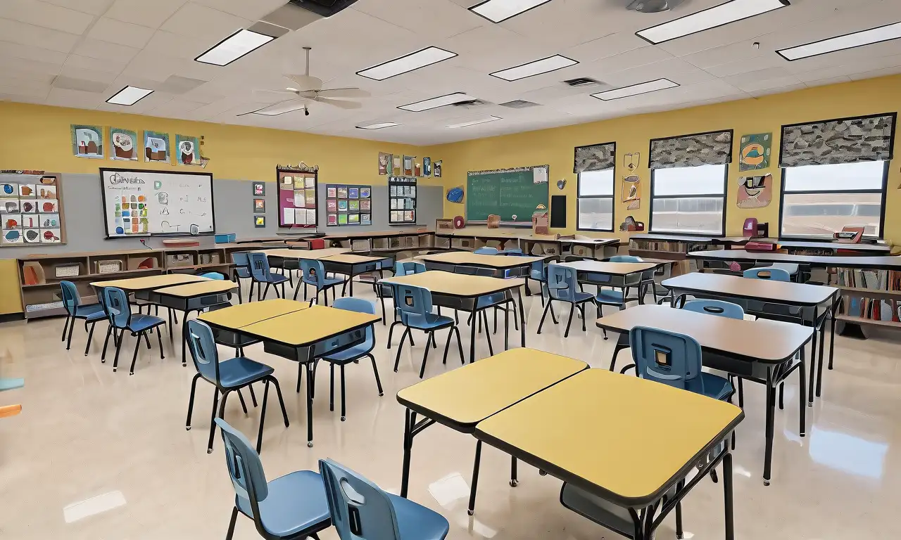 Una escena de aula con líneas audaces, sombras suaves, colores vibrantes y detalles texturizados que reflejan la interacción y el ambiente amigable