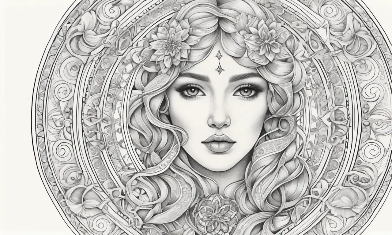 Dibujo etéreo que mezcla sombras suaves, curvas delicadas y patrones circulares que simbolizan el tiempo y la feminidad