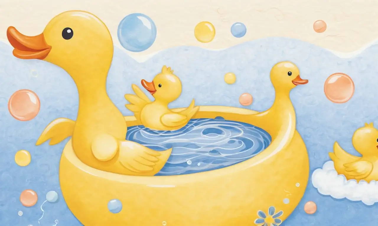 Escena acogedora de un baño infantil con colores suaves, risas y cuidado
