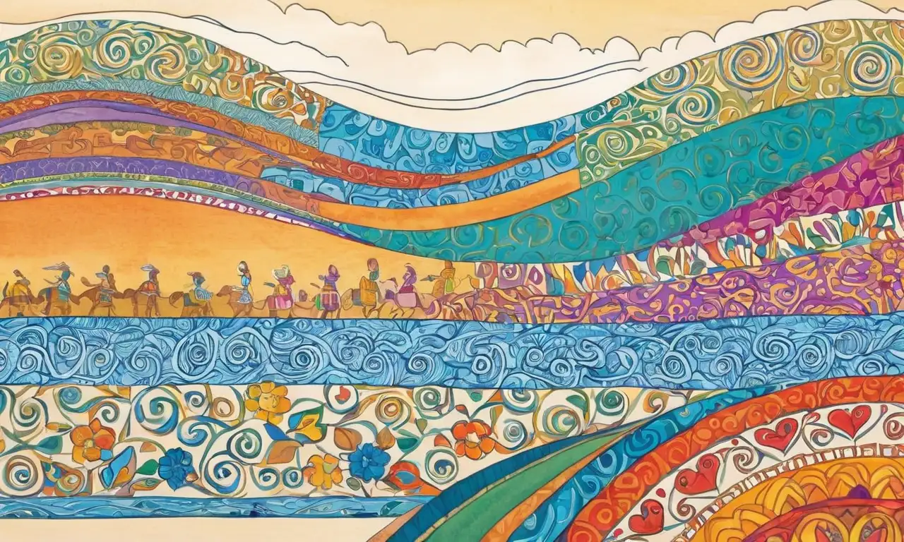 Colores vibrantes y formas intrincadas fusionan culturas en una obra que narra historias a través de textura y movimiento