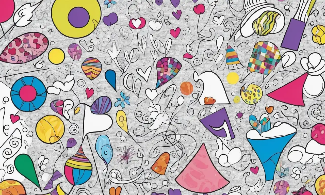 Colores vibrantes y formas juguetonas crean una alegre y caótica composición visual