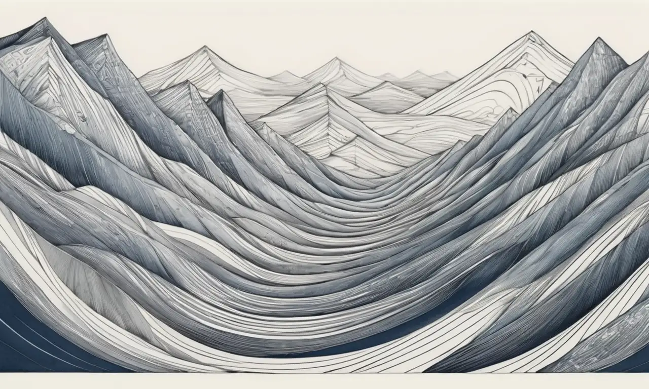 Líneas audaces representan olas sísmicas, sombras suaves y texturas complejas ilustran el daño causado por terremotos