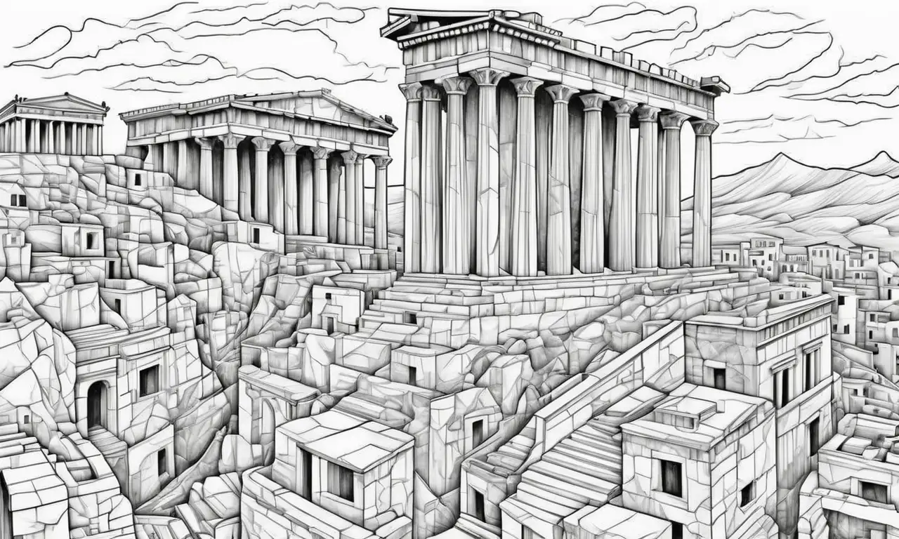 Líneas y texturas en contraste reflejan la dualidad entre la arquitectura espartana y ateniense, simbolizando movimiento, jerarquía y democracia