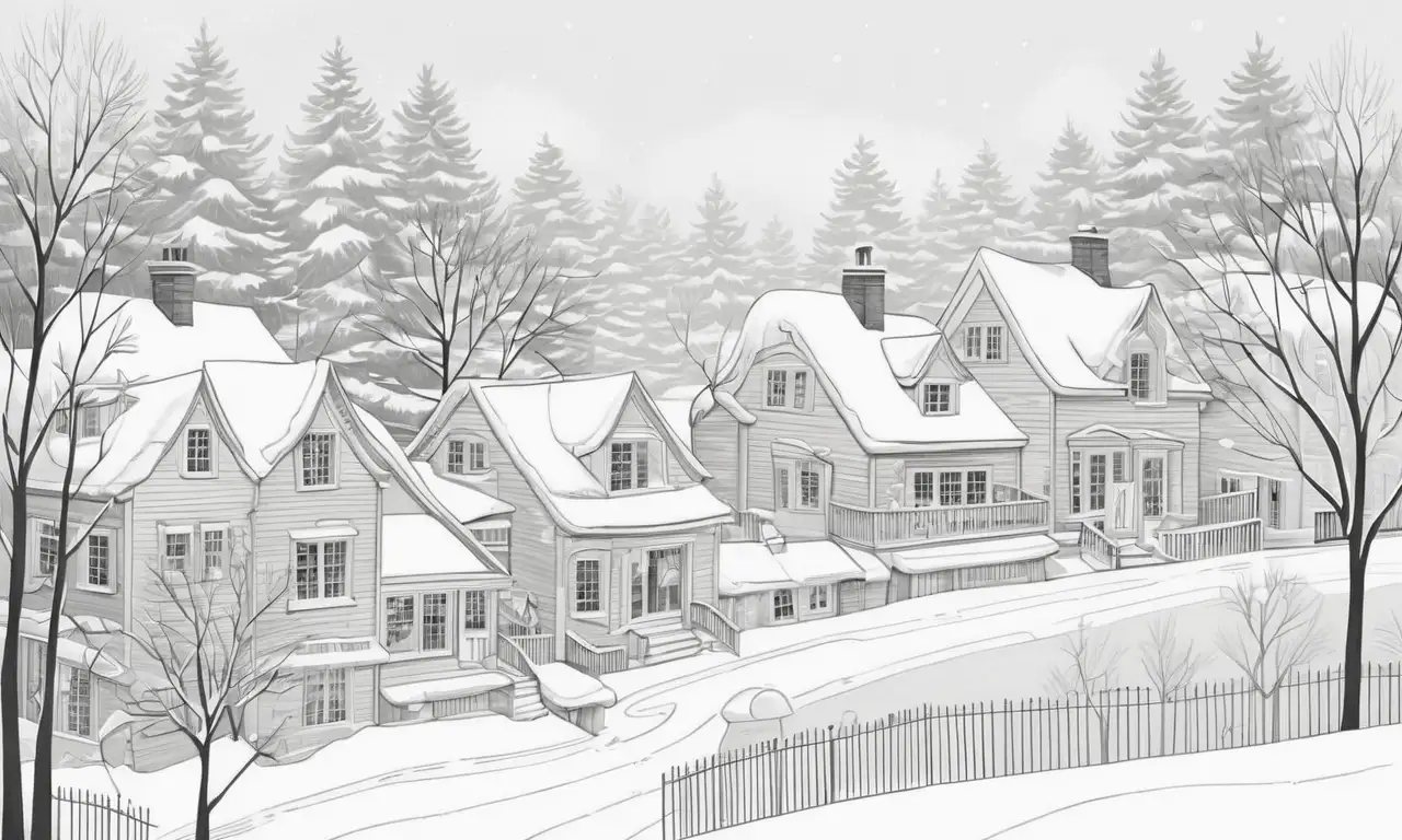 El dibujo combina sombras suaves y líneas delicadas para crear un paisaje nevado acogedor
