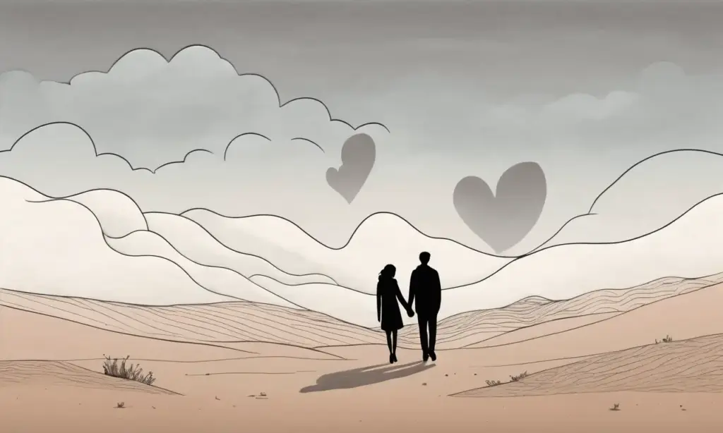 El dibujo muestra una pareja en un paisaje melancólico que refleja la separación y el desamor