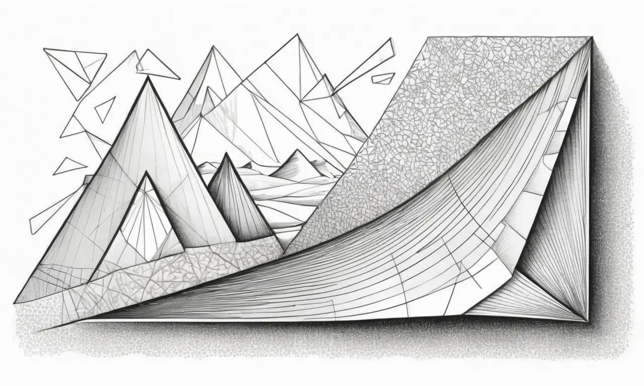 Formas triangulares nítidas y contrastantes con sombras suaves y texturas variadas crean una composición visualmente dinámica