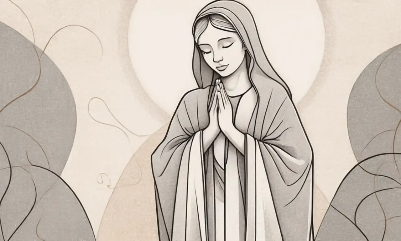 Una figura en oración se destaca entre sombras suaves, patrones intrincados y una luz cálida en un ambiente sereno y grandioso