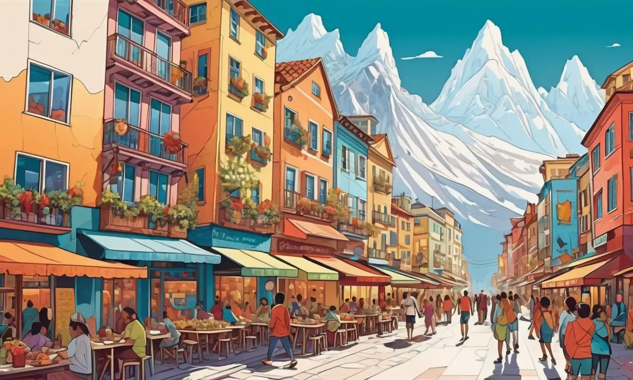 Una escena urbana vibrante con paisajes contrastantes, movimientos dinámicos y detalles intrincados