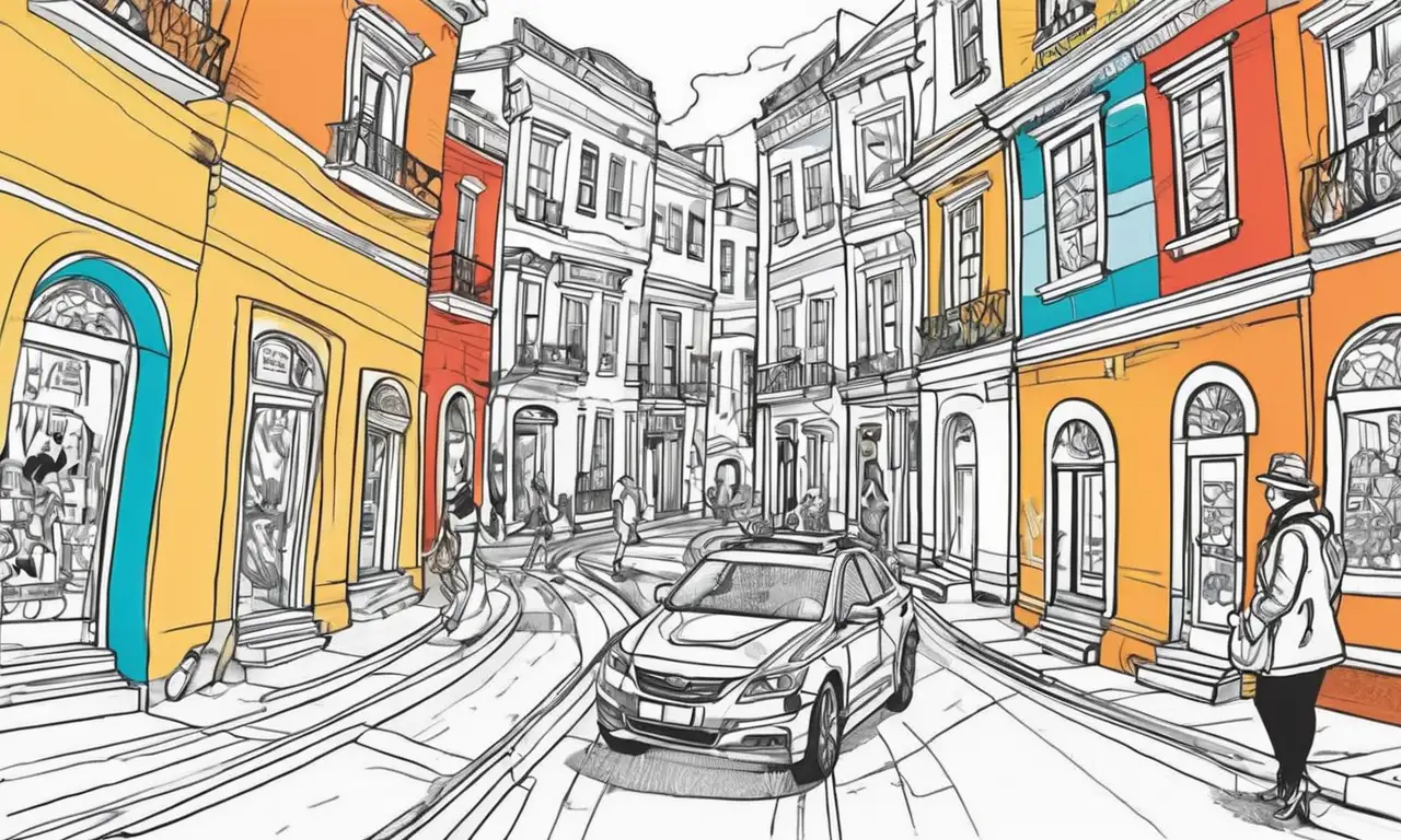 Una composición vibrante y dinámica que mezcla movimiento, contrastes y detalles intrincados en un escenario urbano