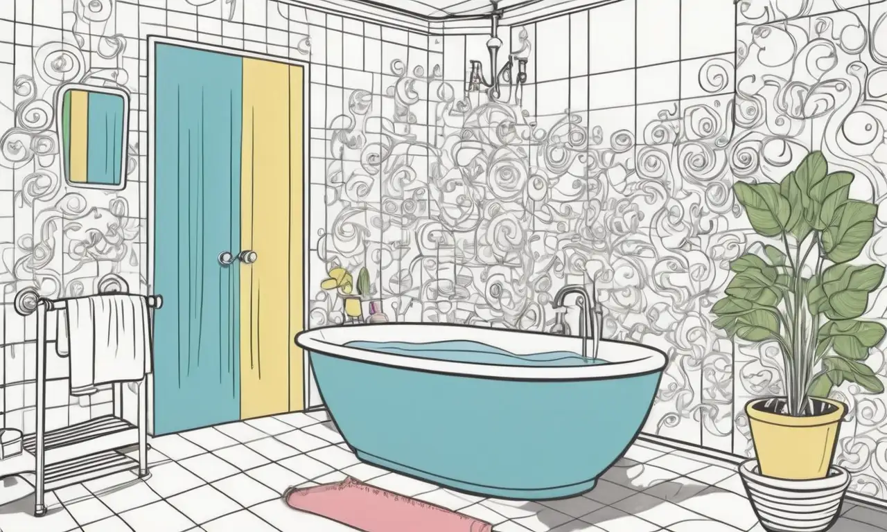 Una escena de baño con líneas gruesas y colores suaves que invitan a la relajación