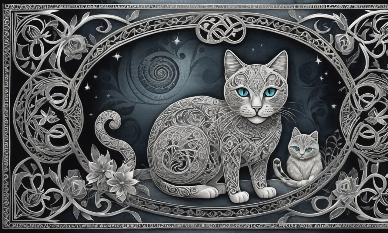 Símbolos celtas intricados y gatos en un paisaje etéreo conforman una escena mística