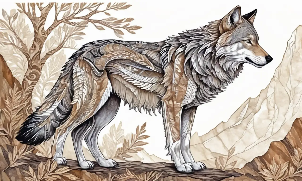 Un lobo místico se presenta en una composición armoniosa de sombras, luces y texturas que transmiten movimiento y emoción