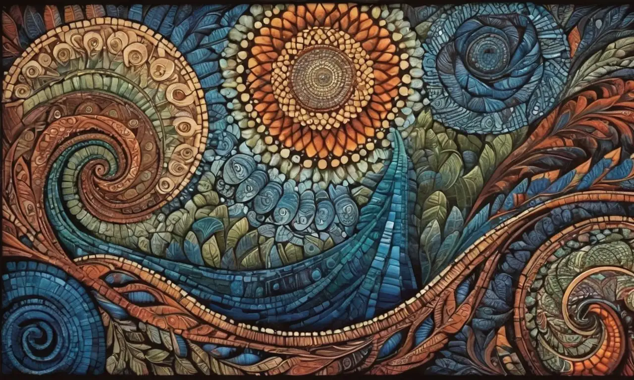 El tótem, con contornos oscuros y tallados intrincados, combina texturas suaves y rugosas, colores vibrantes, patrones en espiral y elementos naturales en una composición armónica