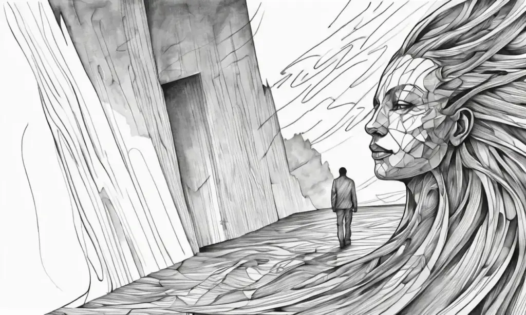 Una composición dinámica con sombras y contrastes que simbolizan la lucha entre el miedo y la libertad