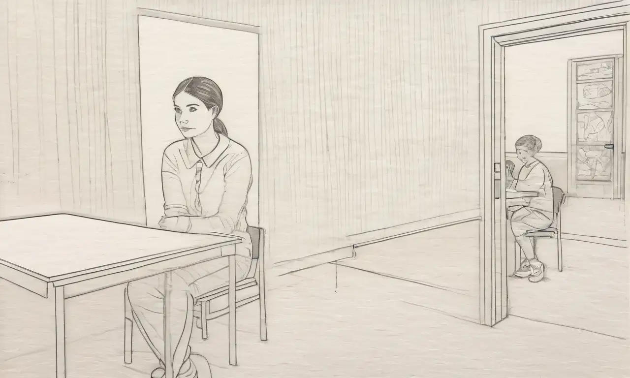 Un lápiz suave define a un joven pensativo en un aula, donde suaves tonos y sombras sugieren profundidad y emociones