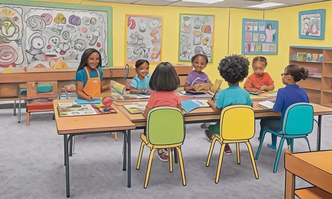Una escena de aula vibrante con colores cálidos, personajes alegres y detalles precisos