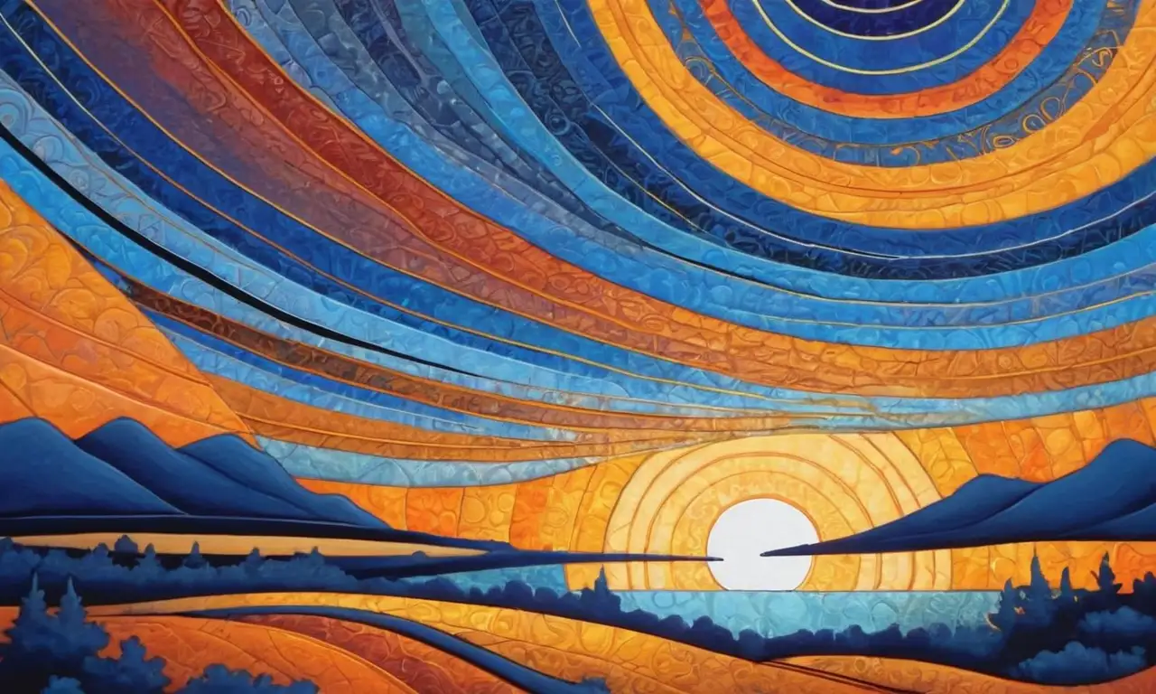 Una obra vibrante que mezcla colores cálidos y fríos en una composición armoniosa