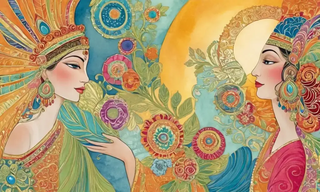 Colores vibrantes y patrones intrincados crean una composición armoniosa y mística