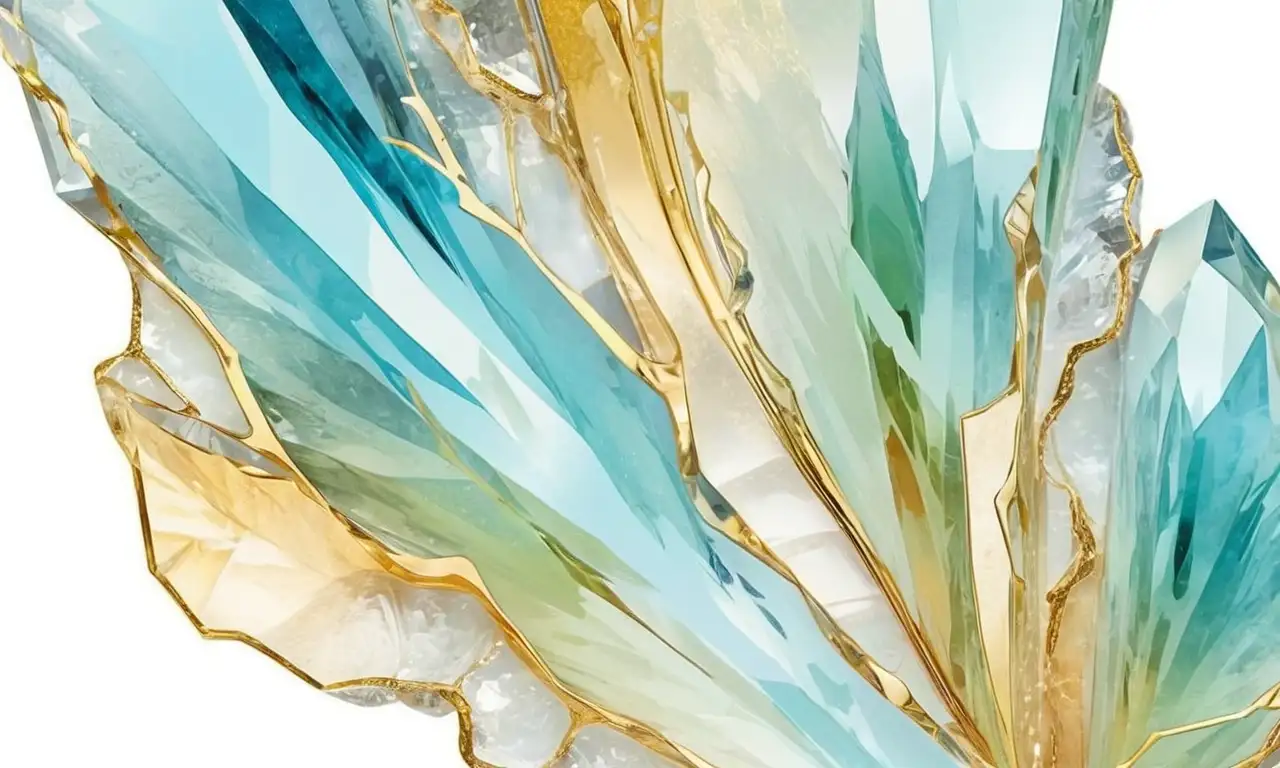 Cristal de cuarzo vívido con bordes brillantes y matices dorados en un fondo suave