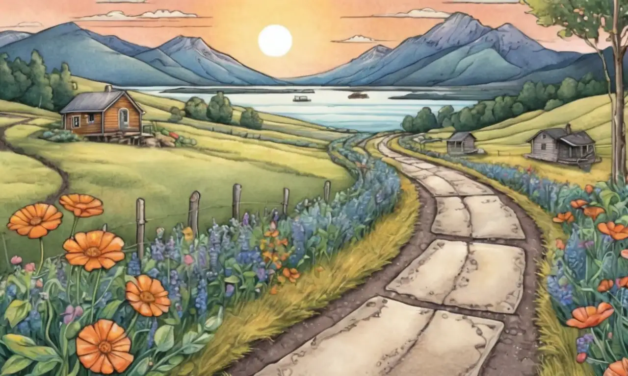 Paisaje vibrante con acuarelas, caminos sinuosos, equipajes vintage y sombras suaves que evocan aventuras