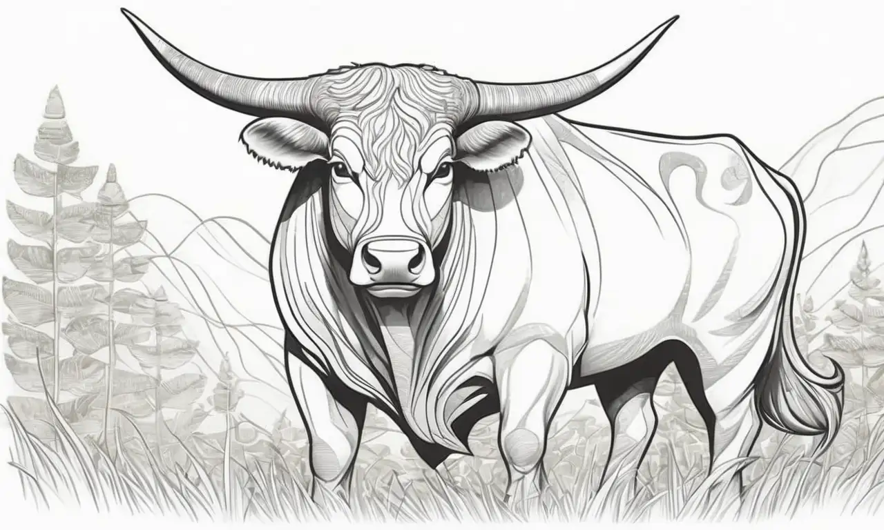 Un majestuoso toro se erige en un entorno místico, envolviendo su forma en sombras y luces con patrones simbólicos