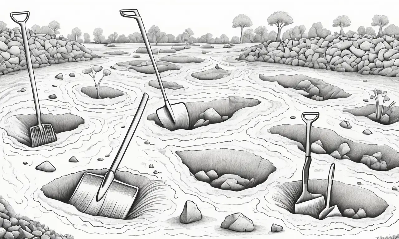 Dibujo a dos lados que contrasta Cavando y Cabando con sombras suaves, líneas intrincadas y tonos terrosos que resaltan la diferencia entre el esfuerzo y la claridad