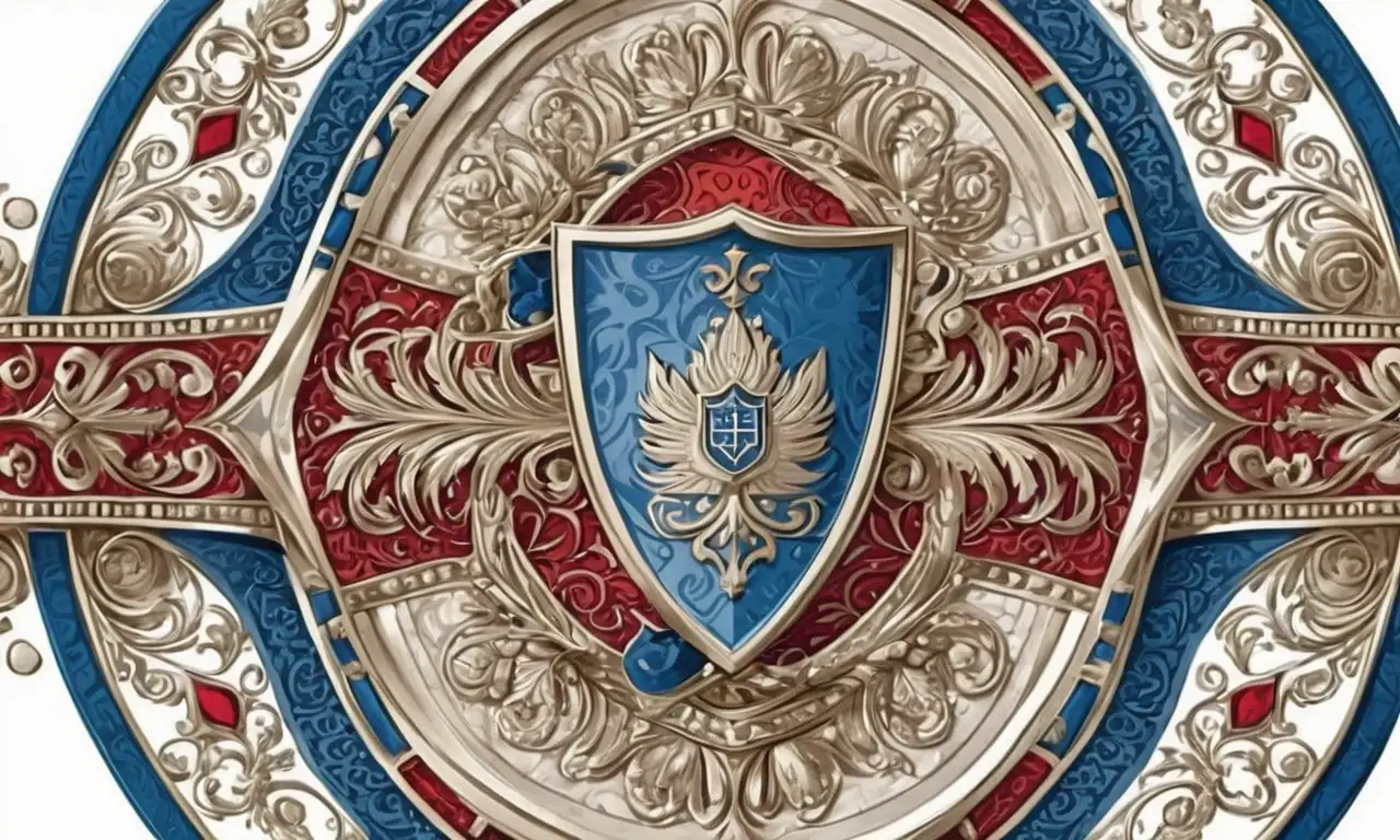 Un escudo heráldico destaca por sus líneas audaces, detalles intrincados y colores vibrantes