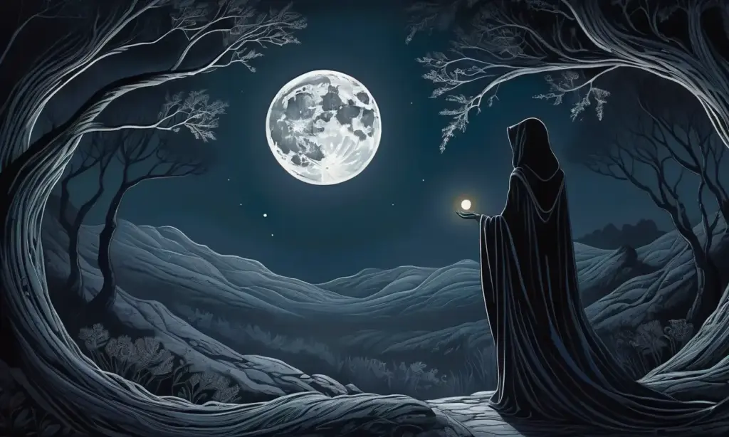 Sombra enigmática de figura cloaked bajo luz lunar