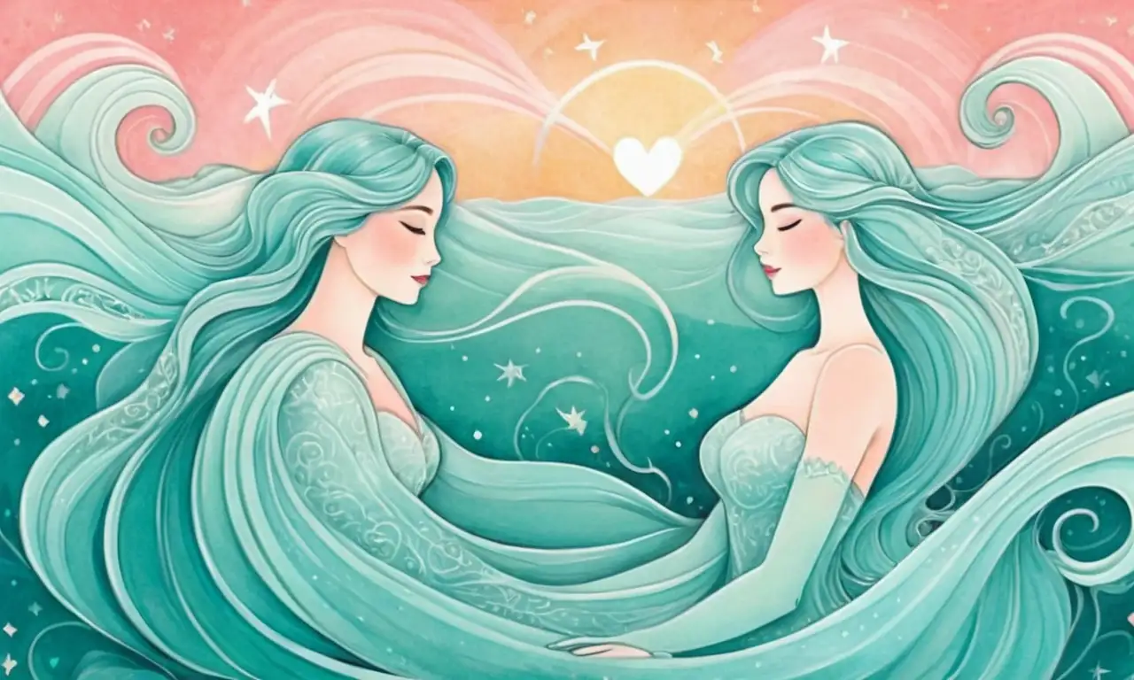 Una composición etérea de dos figuras entrelazadas en un fondo aquamarina, con detalles delicados que simbolizan amor y esperanza