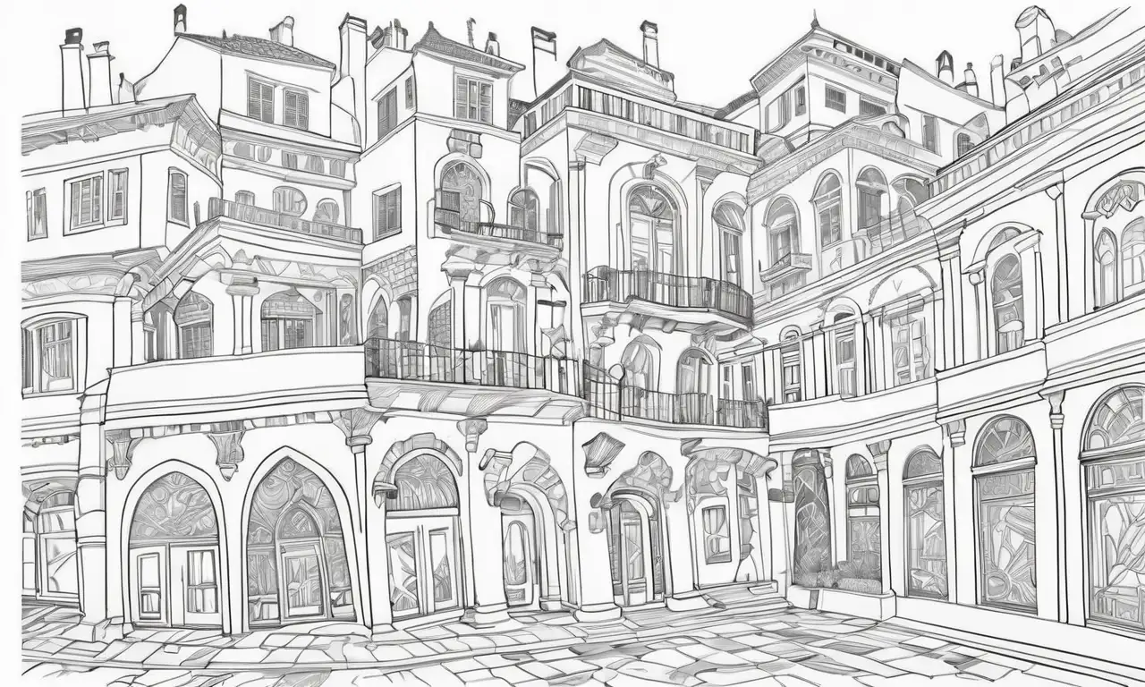 Arte arquitectónico con formas angulares, sombras sutiles y colores vibrantes