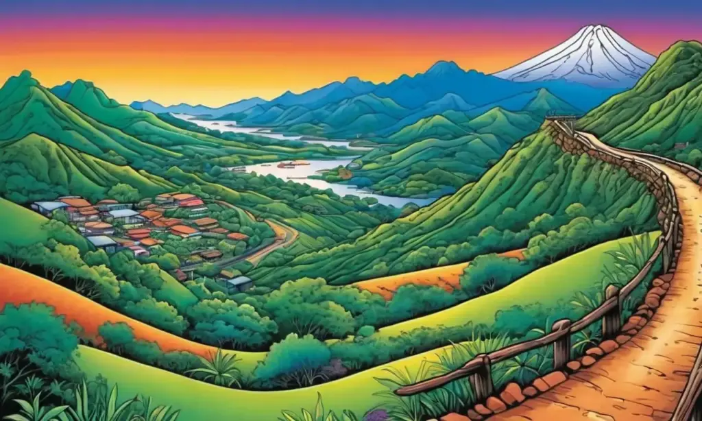 Una pintura vibrante y detallada ilustra el camino del ecuador con paisajes