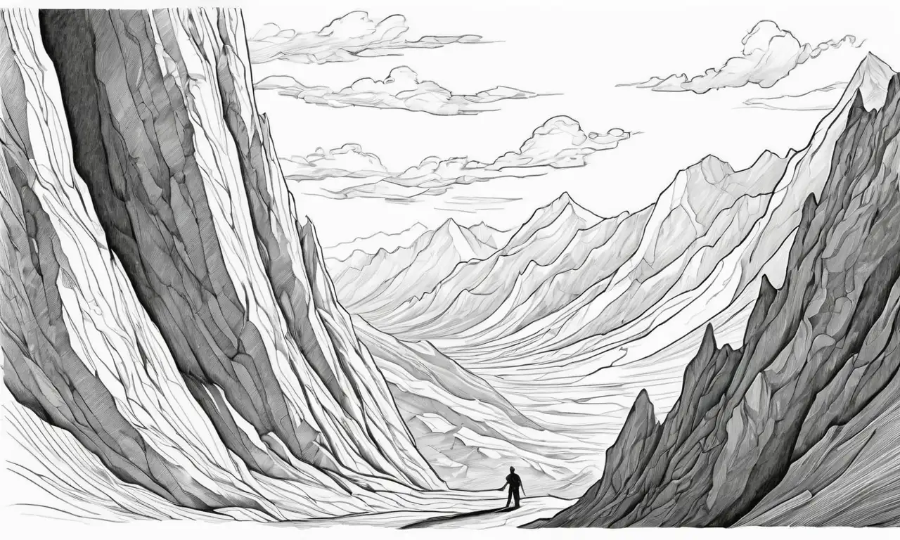Un paisaje caótico y dramático muestra una figura al borde de un acantilado, rodeada de incertidumbre y tensión