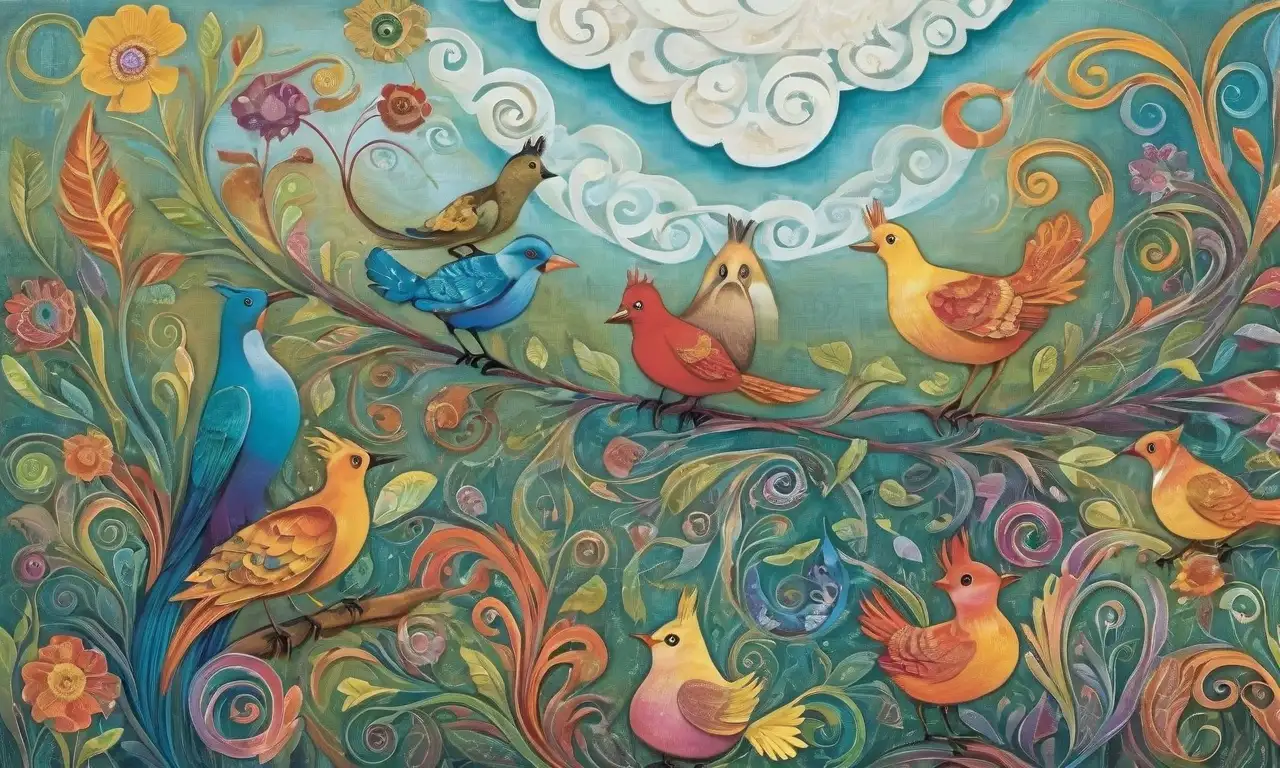 Colores vibrantes y formas animales se entrelazan en una composición dinámica y llena de vida