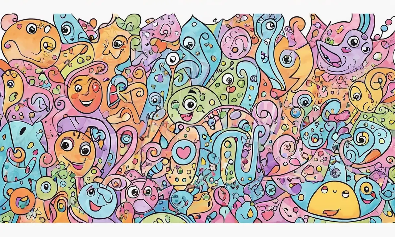 Colores brillantes y personajes exagerados crean una composición dinámica y juguetona