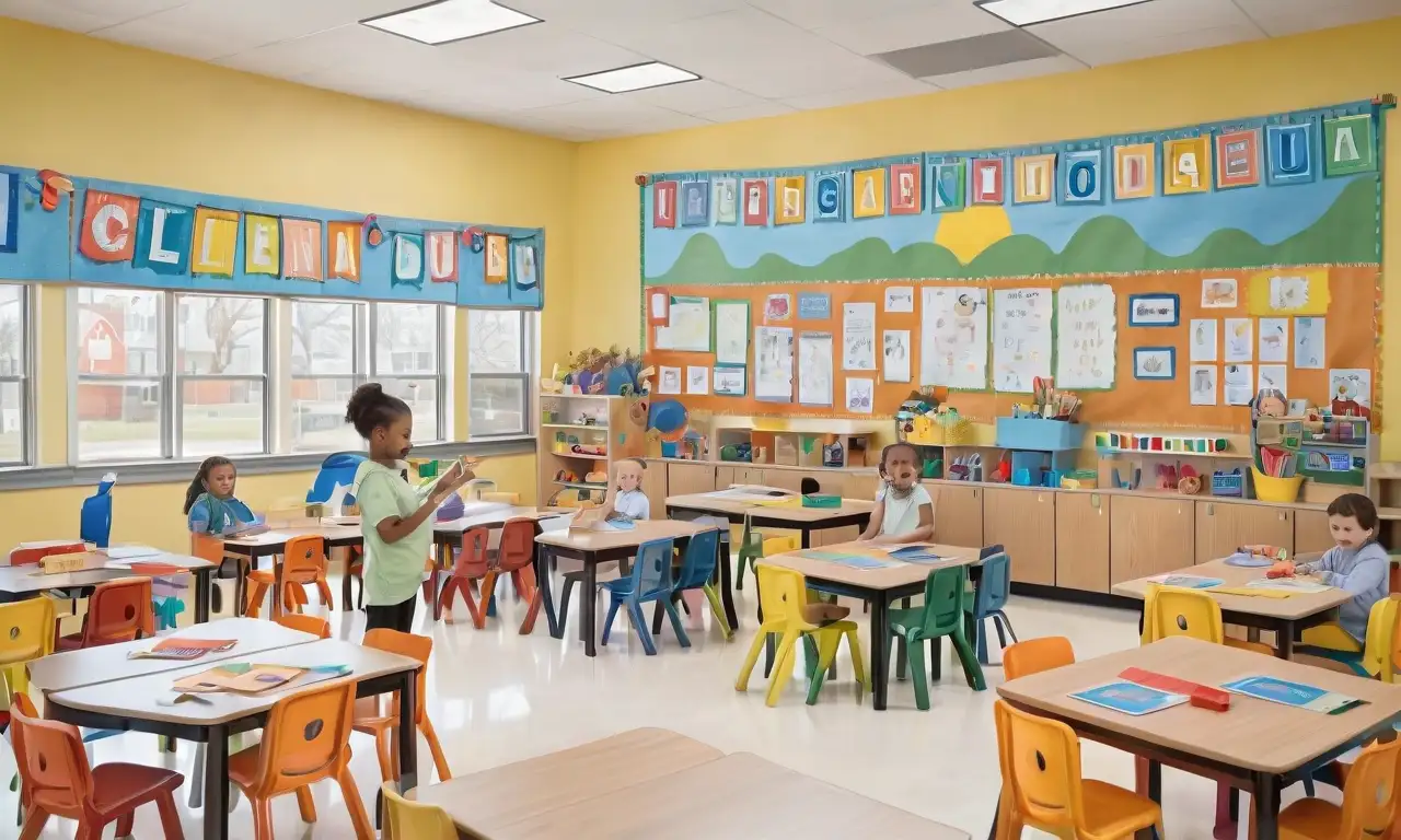 Una animada aula con niños diversos, un maestro enfocado, colores cálidos y un ambiente de apoyo
