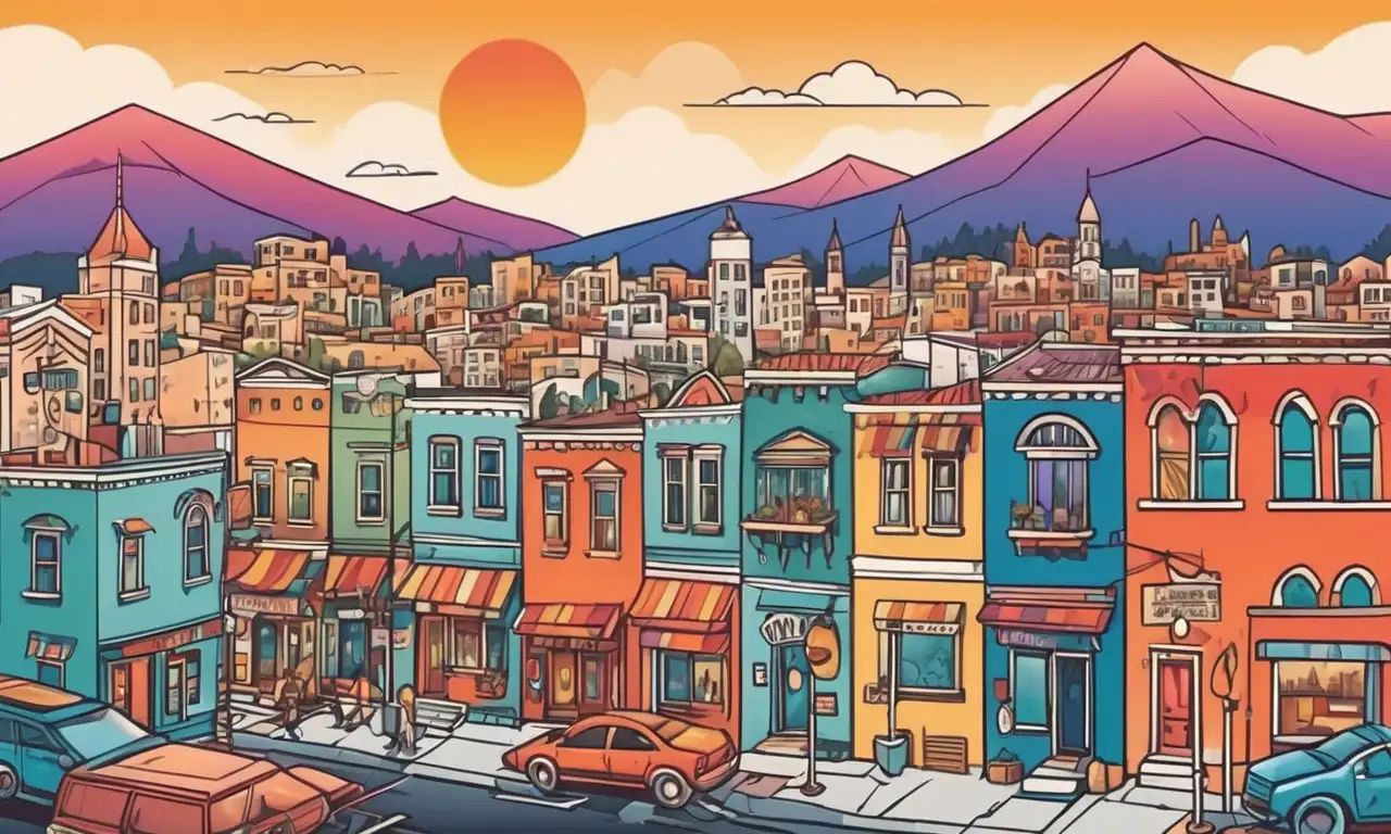 La obra combina líneas, sombras, texturas y colores para capturar la esencia vibrante y cultural de la ciudad