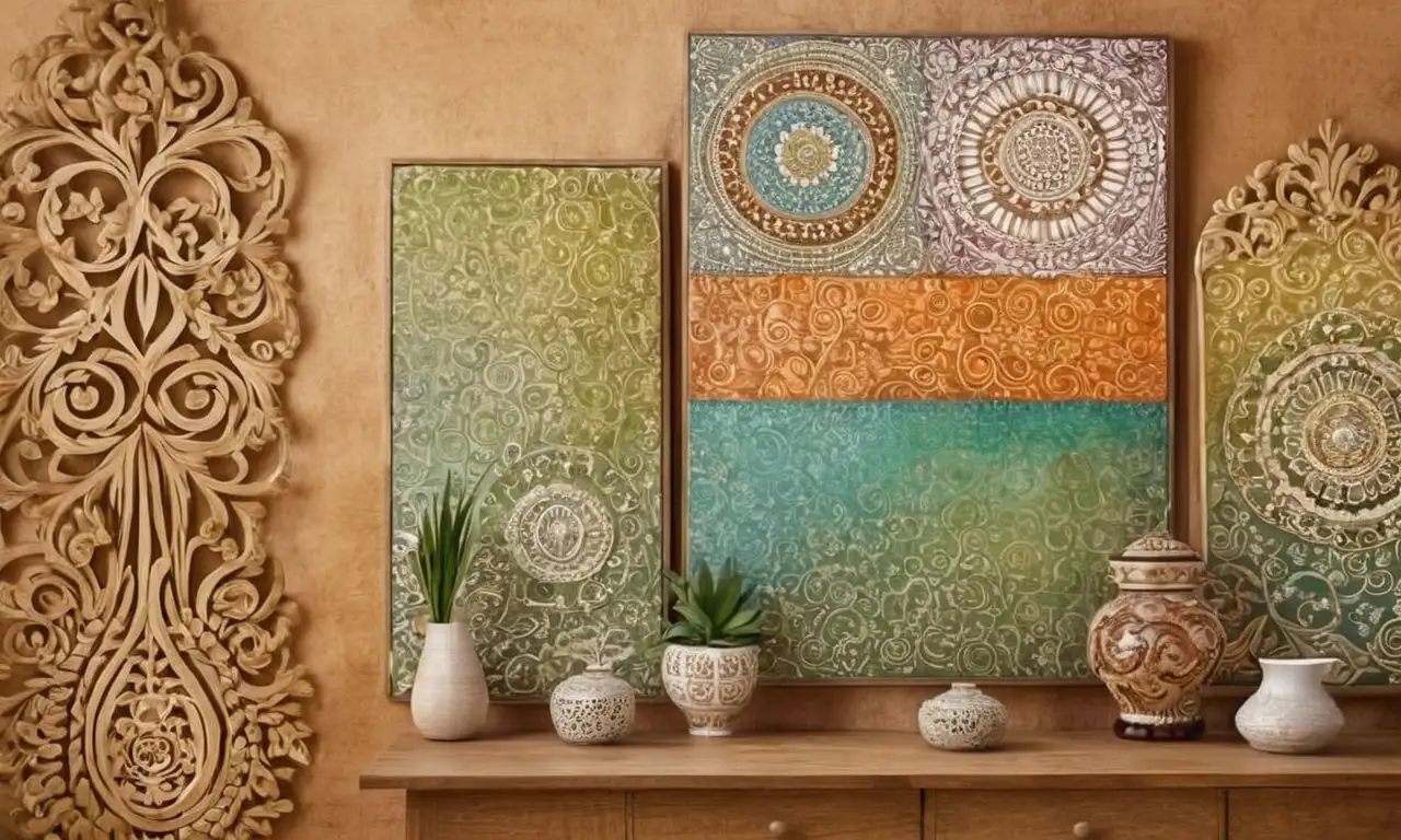 Colores suaves y cálidos, patrones intrincados, amuletos delicados y texturas diversas crean una composición armónica y acogedora