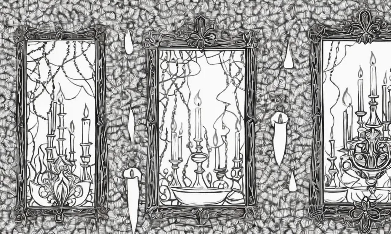 Un espejo roto con líneas intrincadas y sombras destaca amuletos vibrantes y símbolos protectores, evocando movimiento y misterio