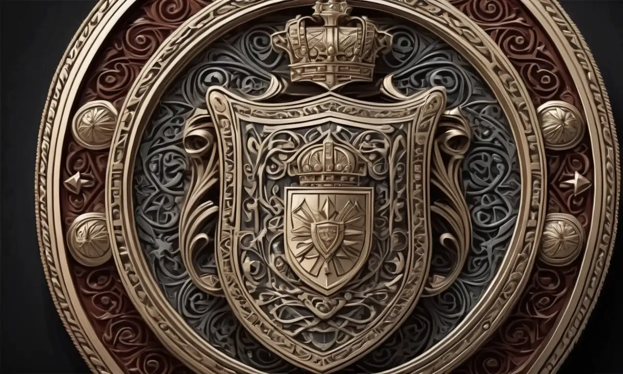 Un diseño elaborado con líneas intrincadas, letras audaces y una rica paleta de colores en un escudo con un cremoso fondo histórico