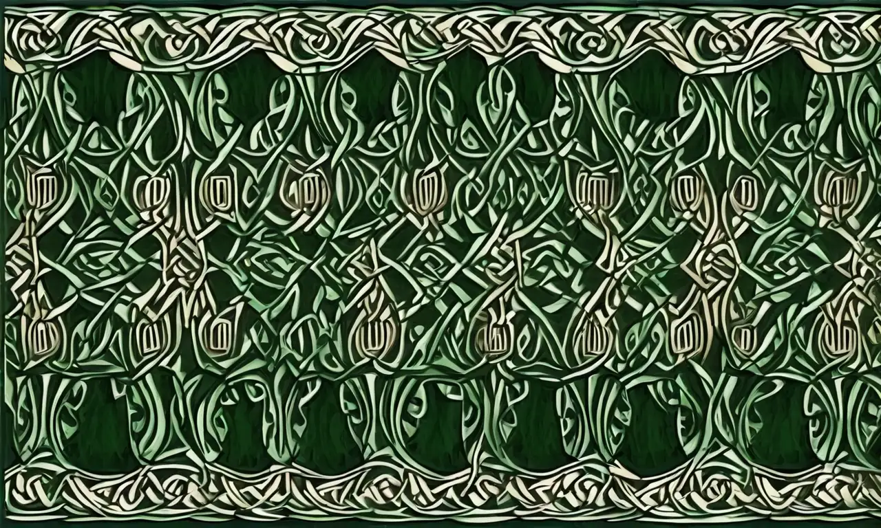 Un fondo de nudos celtas con tonos verdes y marrones, detalles dorados y texturas rústicas sugiere sabiduría antigua