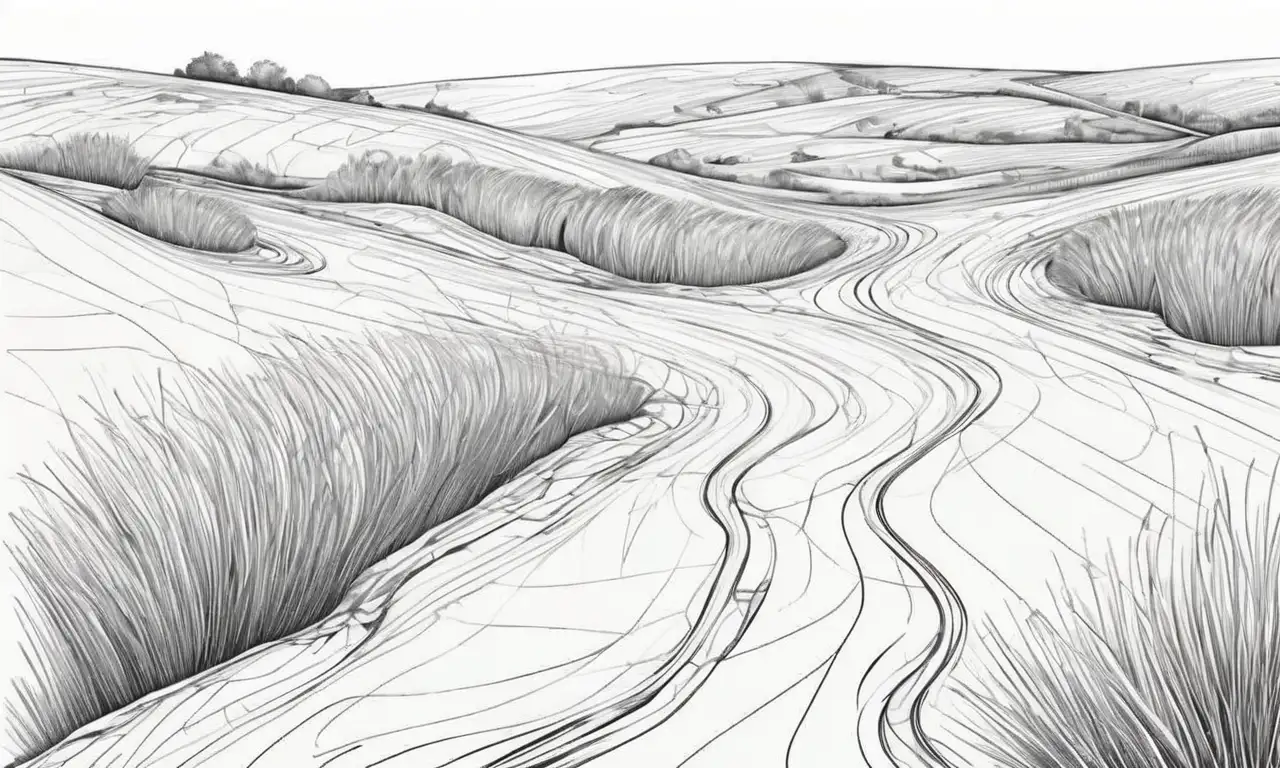 Dibujo de un paisaje irregular con texturas y sombras diversas que capturan la profundidad y la naturaleza