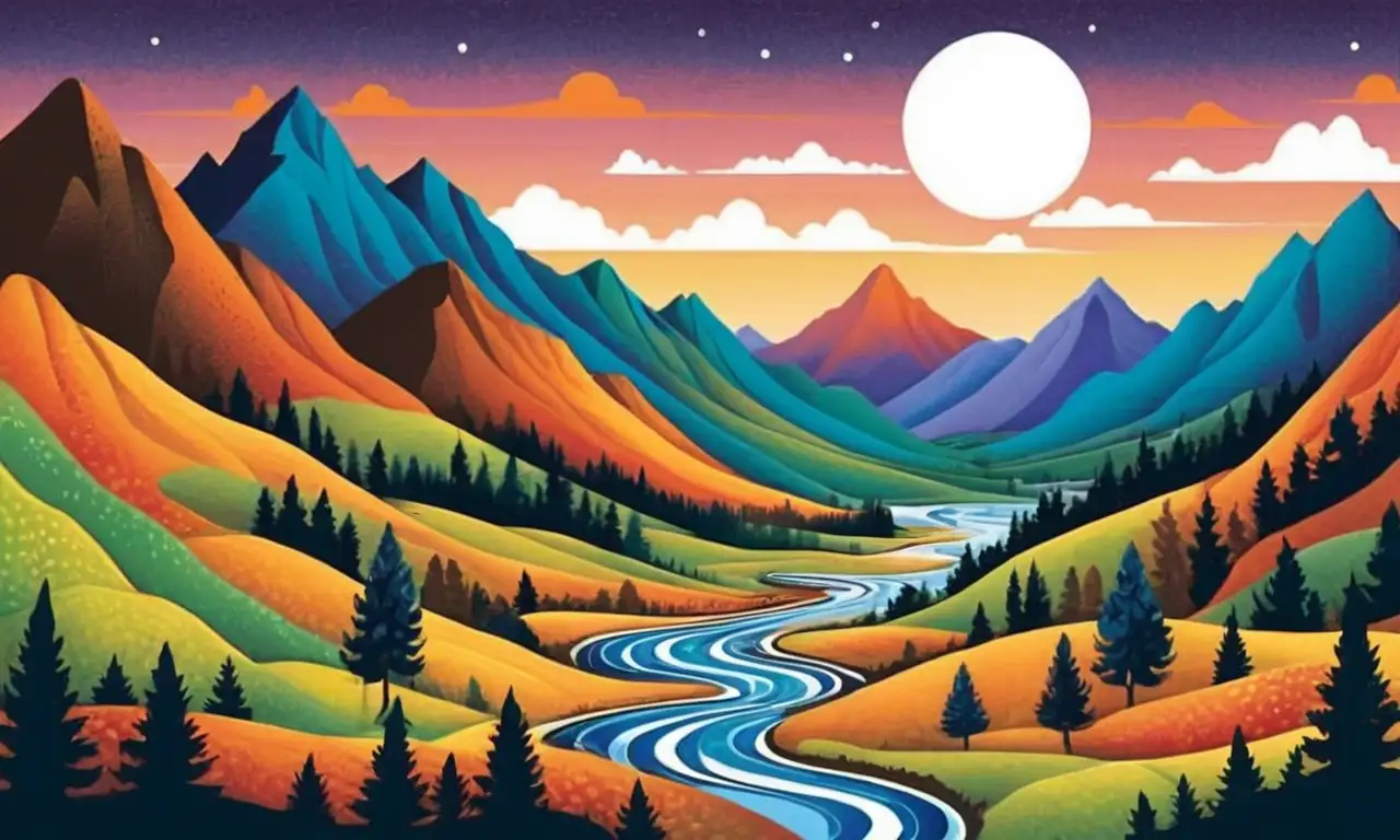 Tonos terrosos y texturas diversas crean paisajes culturales con líneas precisas y sombras suaves